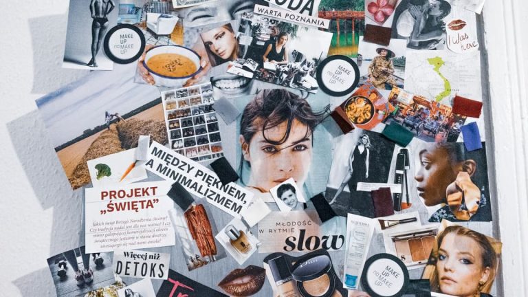 Pictures and articles from fashion magazines arranged in collage and hanging on wall